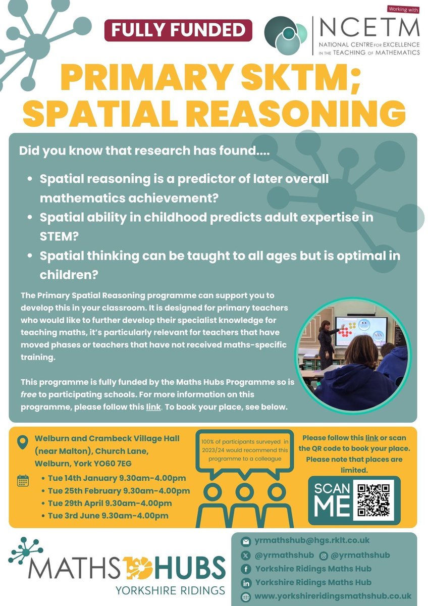 Wow, what a busy start to the new school year! We're delighted to announce that we're now taking bookings for our Primary SKTM Spatial Reasoning programme. Don't miss out, book your place now!

@ncetm

#NCETM #freeCPD #ThePowerOfMaths #MathsTeacher #PrimaryMaths #MathsHubs