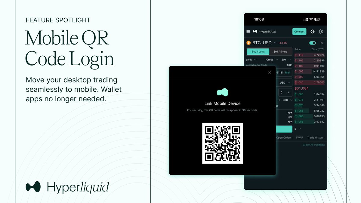 Hyperliquid Feature Spotlight: Mobile QR Code Logins Steps 1) Head to  https://t.co/PjeXXmEomb 2) Click on the desktop/mobile icon on top right 3)  Sign Approval Tx 4) Open Hyperliquid PWA on mobile 5)