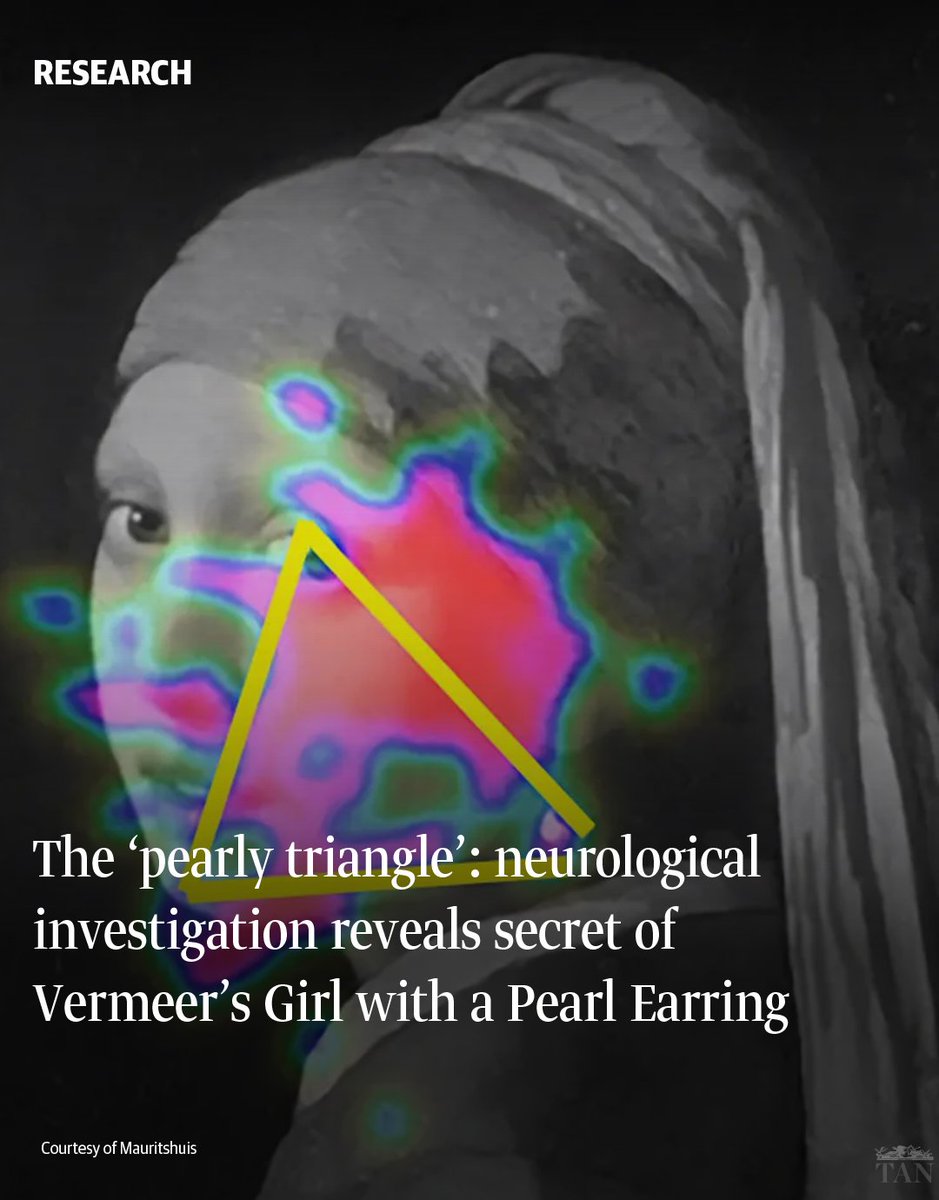 TheArtNewspaper's tweet photo. Study reveals that Vermeer’s 'Girl with a Pearl Earring' creates a "sustained attention loop," captivating viewers by directing the eye through a "pearly triangle" of light

https://t.co/hXRennrDnL https://t.co/Of6ZYkZiy6