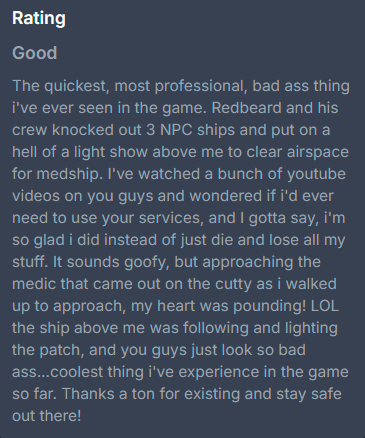 MedrunnerSC's tweet photo. We love reading reviews like this, always brings a smile to our faces. Thanks for choosing Medrunner! 🫡
Call us anytime at https://t.co/hEyGbWyEOH
#WeChallengeFate #Medrunner #Gaming @RobertsSpaceInd #StarCitizen https://t.co/R5G7IWMtqN