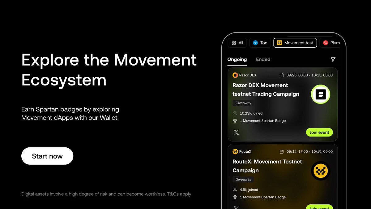 wallet's tweet image. Gmove, @movementlabsxyz dApp quests are live!

Use our Wallet to explore @RazorDex_, @routexio &amp;amp; @EchelonMarket to earn Movement Spartan badges.

Start now:
📱 Wallet &amp;gt; Giveaways &amp;gt; Movement
🖥 okx.com/web3/giveaway