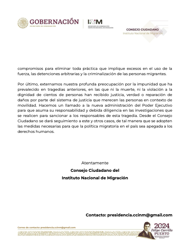 #Comunicado 📢 Sobre los hechos del 1 de octubre en Villa Comaltitlán-Huixtla.

Hacemos un llamado al <a href="/INAMI_mx/">INM</a> a convocar de forma urgente a las autoridades en materia de seguridad pública para establecer acuerdos que garanticen los DDHH de las personas en contexto de movilidad.