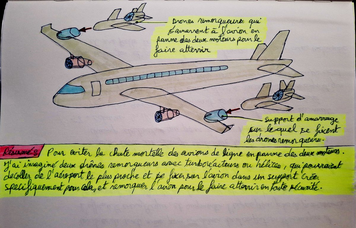 AliFalloul's tweet image. Pour éviter la chute mortelle des avions de ligne en panne de moteurs. J'ai imaginé des drones remorqueurs avec turboréacteurs ou hélices qui se collent a l'avion en vole et le font atterrir en toute sécurité. 
Par Moulay Ali Falloul