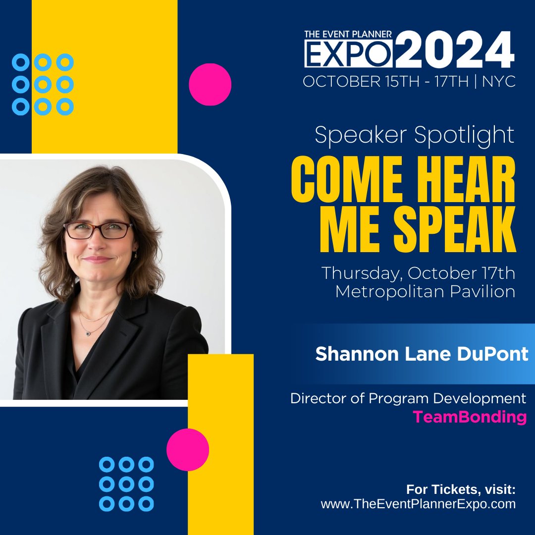teambonding's tweet photo. Join our very own Director of Program Development, Shannon DuPont for a Fireside Chat on October 17th from 3:30-4:00 PM where she will share expert insights on the power of communication in event planning!

#TeamBonding #EventPlannerExpo #Communication #EventPlanning https://t.co/Hqis3jh6B7