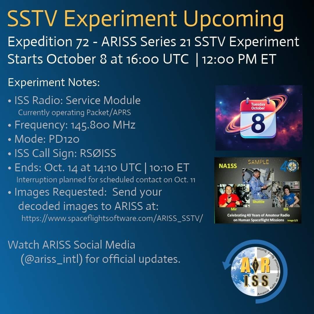 BlackCatSystems's tweet photo. There's an upcoming International Space Station #SSTV experiment!
Don't have an SSTV decoding app? Try my Black Cat SSTV for Windows and macOS:
https://t.co/nZS33IDrxZ
Also available for iOS: https://t.co/2QKyCfOSxt https://t.co/SVenfotN30