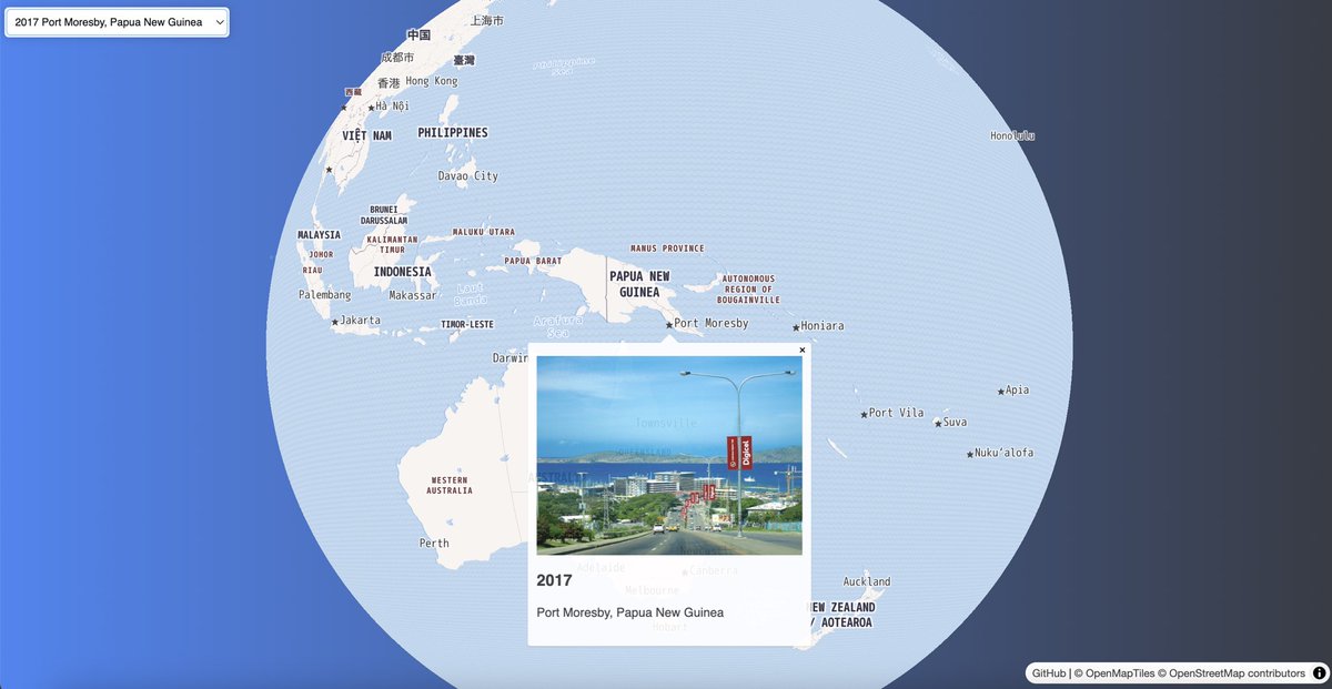 Smille_feuille's tweet image. MapLibre GL JSのv5-preでGlobeViewが実装されたので早速試す。楽しい。
自分の渡航歴を写真と一緒に地球儀でグルグル回るアプリです。
kashiwa.co-place.com/cmap/mygj/
setProjectionでglobe指定するだけ。flyToもスムーズに動く。背景は雰囲気出すために自分で設定した方が良いかも。
#MapLibre #mugjp
