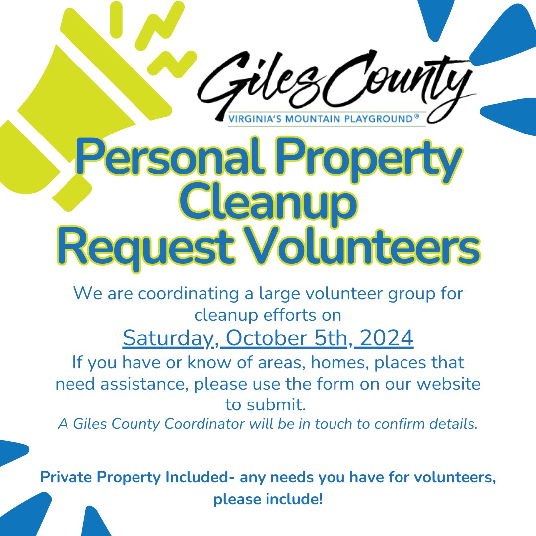 Do you need tree removal, debris cleanup, anything that volunteers can help with? We have a group effort being coordinated for Saturday, Oct 5. Please use this link to request volunteers: forms.gle/zhgUDtqu3ZTnXJ… This is also linked on our website. #GilesCoVA #GilesFloodRelief24