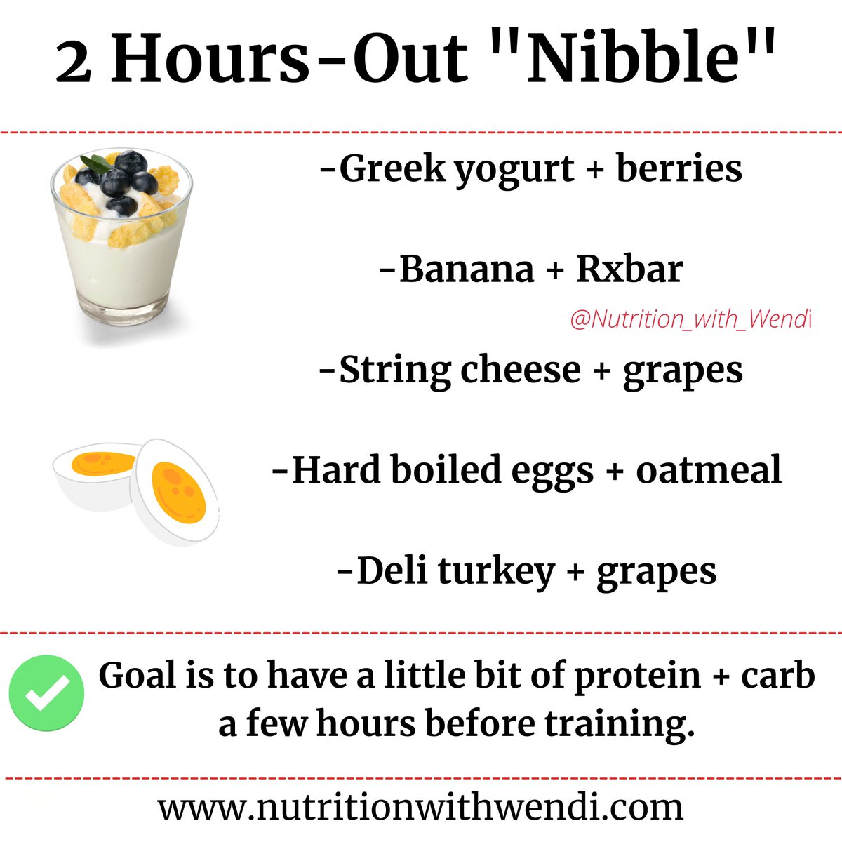 Wendi_Irlbeck's tweet photo. Some of my female college XC/TF athlete's favorite snacks to eat 2 hours before training:
-Tart cherry juice + English egg muffin
-Banana +½ turkey sandwich
-Greek yogurt + berries
-Applesauce + Rxprotein bar
-Protein powdered PB2 oatmeal

Remember, focus on carbs + protein "nibble" 2 hours before!