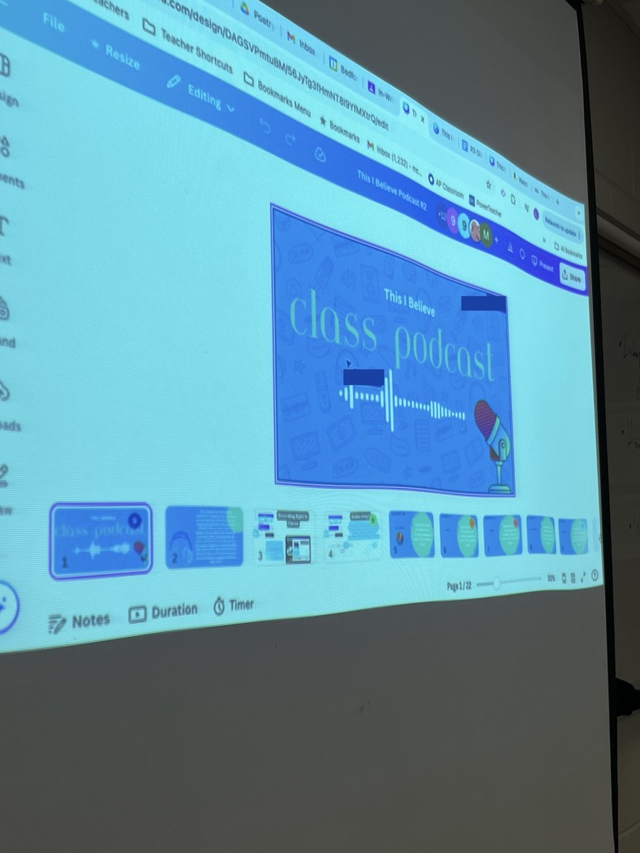 csheil's tweet photo. Reason #4567 of why I love @CanvaEdu - ability for Ss in class to edit 1 pres, customize their own slide, record their voice reading through their 'This I Believe' statement, and have recording automatically show up on their slide. One stop shop! #nhed #podcast #canvaEDU https://t.co/JuYNoSLkKG