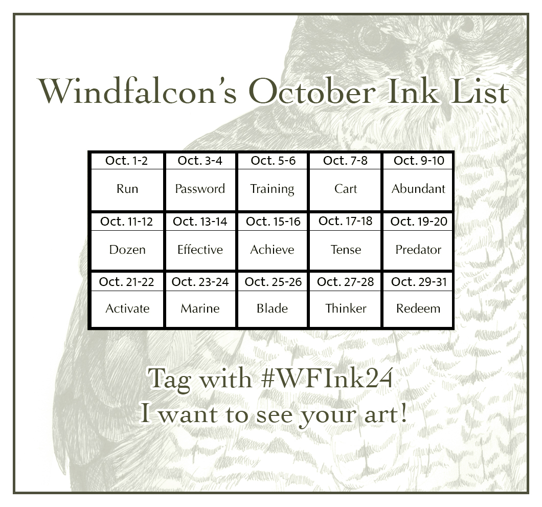 brendalyonsart's tweet photo. I'm back from my summer job working on wildlife/glacier boats in Alaska and I am itching to do some art!!! Just in time for an October ink challenge.
I used a random word generator to come up with this list of words. Feel free to use it! Tag with #WFInk24 so I can see your work! https://t.co/5iPdUscfUK