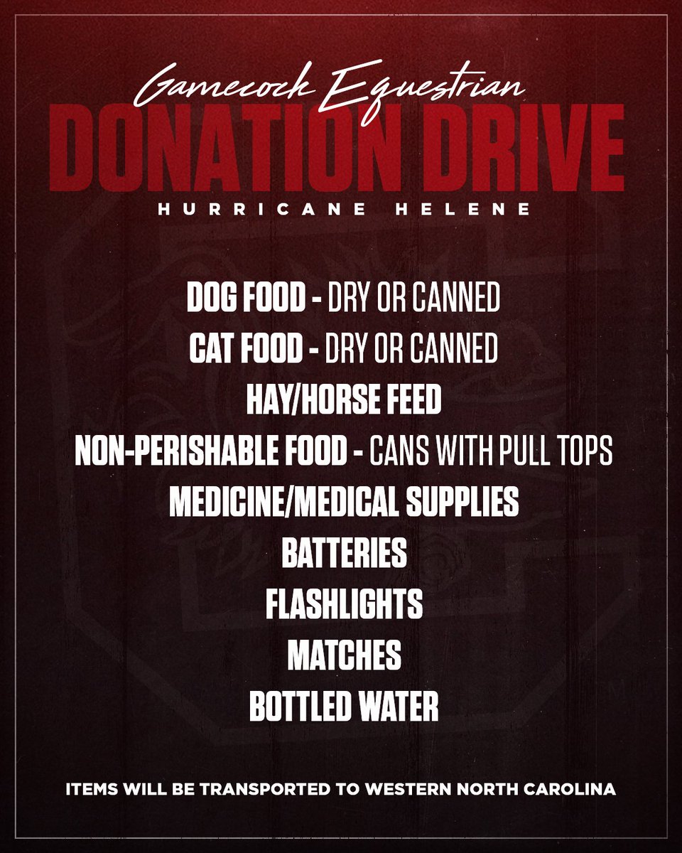 Our program is organizing a donation drive for those affected by Hurricane Helene.  We're looking to collect the following items that will be transported to Western NC this week (by Friday noon).

Donations will be accepted at the Rice Athletic Center, or at One Wood Farm!