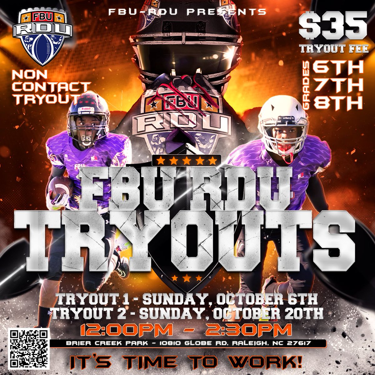🚨 Location Change! 🚨 FBU Raleigh-Durham tryouts are now at Brier Creek Park (10810 Globe Rd, Raleigh, NC).
📅 Dates: Oct 6 &amp; 20
🏆 Join the Raleigh-Durham National Team!
🔗 Register Now: bit.ly/FBURDU24
Limited spots! Don’t miss out! 🌟
