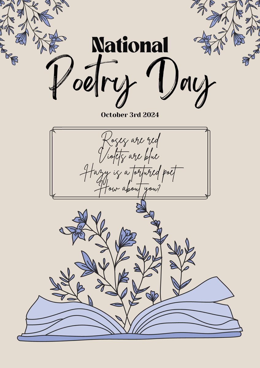 ZetaNuSigma13's tweet photo. Roses are red
Violets are blue
Hazy is a tortured poet
How about you? 🖋️

Happy National Poetry Day! Hazy would love it if you shared some of your poetry or your favorite poet or your favorite poem below to celebrate National Poetry Day! https://t.co/3Cp9IrY9AT