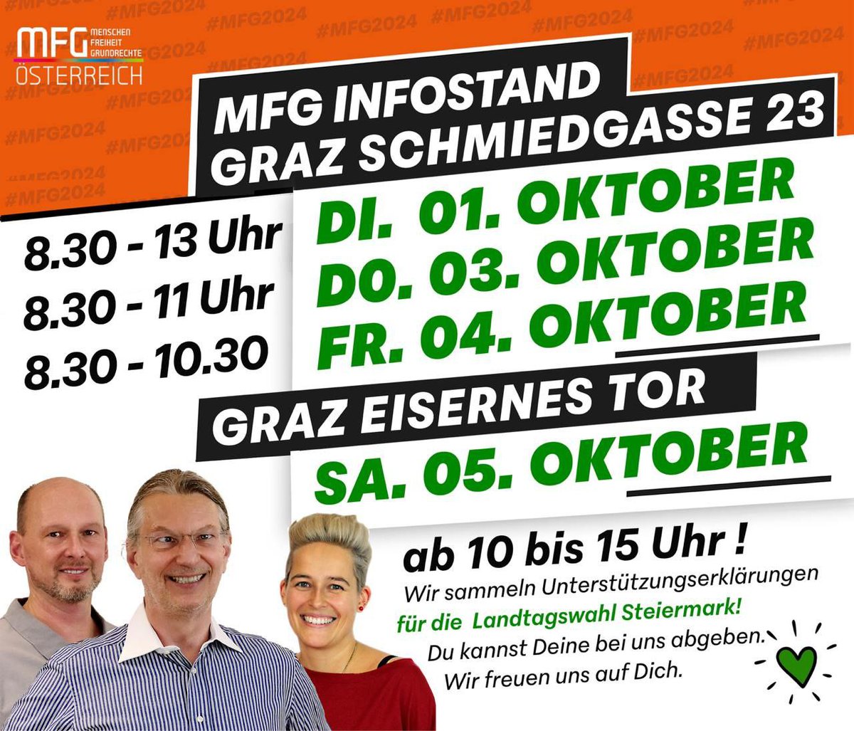 mfg_oesterreich's tweet photo. In der #Steiermark ist  nach der Wahl, vor der #Wahl! 
Wir freuen uns über eure #Unterstützungserklärung und Hilfe 🙌🏼
Ab 1. Okt. wird auf der Straße gesammelt  für die #Landtagswahlen 💪🏻
Gemeinschaft aller "#Schwurbler" für den Landtag Steiermark! ‼️
https://t.co/pTzWs4SGDE 
#MFG https://t.co/CtwfwRYx3n