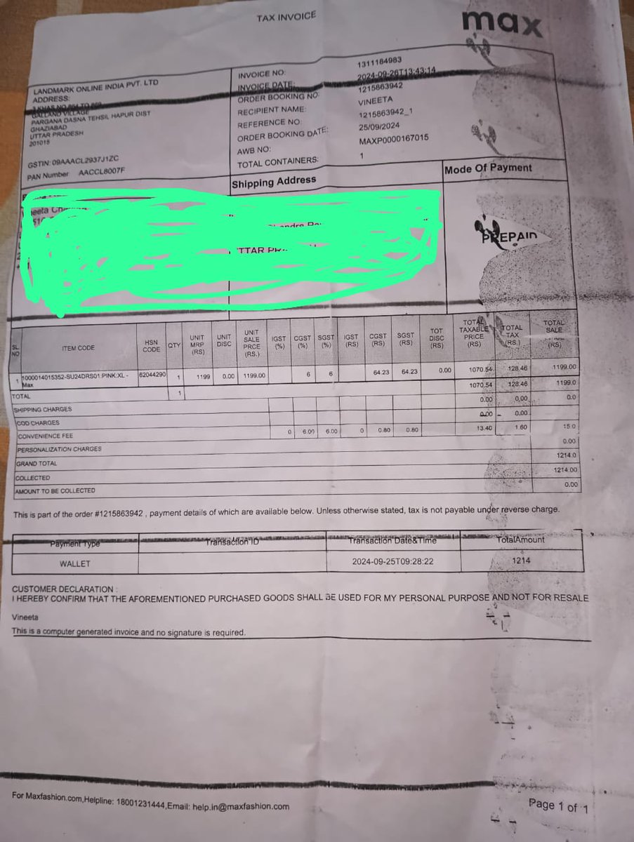 arjitmani's tweet photo. Online fraud by @maxfashionindia, wrong product delivered. Upon complaint, they didn't replace citing product unavailability. Then while returning they refused to refund the platform fee. Why should customer pay any amount for fault of company. @jagograhakjago @BandBajaateRaho https://t.co/JbQ9RbfMWn