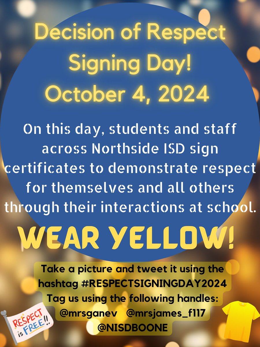 MrsJames (@mrsjames_f117) on Twitter photo Tomorrow, Friday, Oct. 4, is Decision of Respect Day at <a href="/NISD/">Northside ISD</a>! We are inviting all Mustangs to wear yellow to show that here at Boone we are respectful to everyone!
<a href="/mrsganev/">Alyssa Ganev</a> <a href="/NISDBOONE/">Murray E. Boone</a> <a href="/NISDCounseling/">NISD Counseling</a> Tomorrow, Friday, Oct. 4, is Decision of Respect Day at <a href="/NISD/">Northside ISD</a>! We are inviting all Mustangs to wear yellow to show that here at Boone we are respectful to everyone!
<a href="/mrsganev/">Alyssa Ganev</a> <a href="/NISDBOONE/">Murray E. Boone</a> <a href="/NISDCounseling/">NISD Counseling</a>