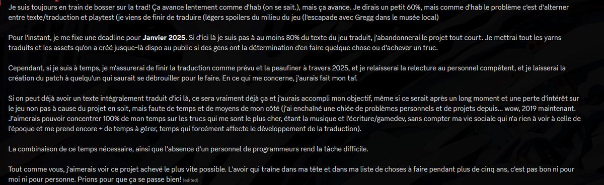 Légère update par rapport à la traduction ! Rien d'alarmant, mais si vous êtes curieux, ça peut être important de lire ça.