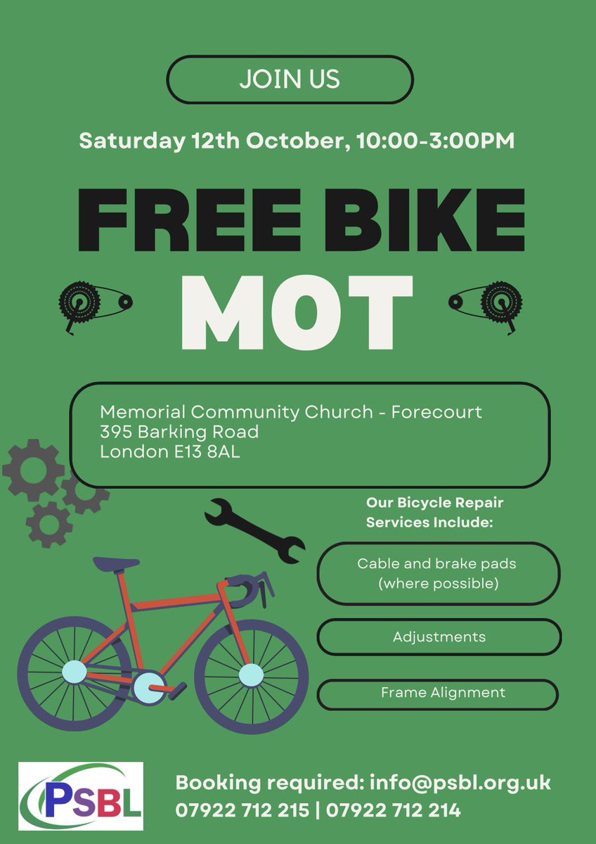 Plaistow South Big Local (@plaistowsouth) on Twitter photo ✨We are excited to announce yet another Bike MOT Event on the 12th October 10-3pm designed to make sure your bikes are in top-notch condition for the road! 🚲
Please contact info@psbl.org.uk to make your booking.
#bikemot #safetycheck #sustainableliving #mentalhealth ✨We are excited to announce yet another Bike MOT Event on the 12th October 10-3pm designed to make sure your bikes are in top-notch condition for the road! 🚲
Please contact info@psbl.org.uk to make your booking.
#bikemot #safetycheck #sustainableliving #mentalhealth
