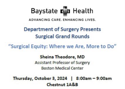 S_Theodore_MD's tweet image. my first ever grand rounds! thank u for the amazing opportunity @NealSeymour6 & @baystatesurgery, great to see so many familiar faces &have this opportunity be at my residency alma mater 😊 thank you to all that helped me prepare!! #surgicalequity @BostonTrauma @BaystateTrauma