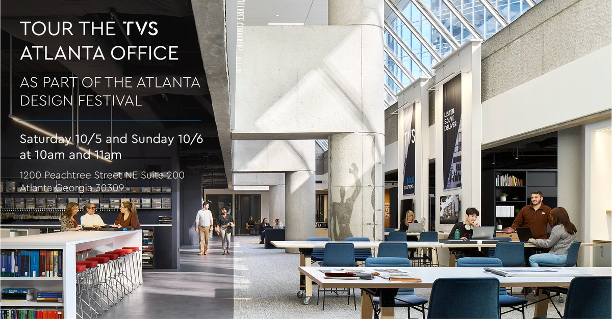 TVS (@tvsdesign) on Twitter photo What does it look like when designers design their own workplace? Join TVS for a tour of our new Atlanta office as part of the <a href="/atldsgnfest/">Atlanta Design Festival</a> to find out!
Saturday 10/5 and Sunday 10/6
10am and 11am
Register here:
atlantadesignfestival.net/portfolio/tvs-… What does it look like when designers design their own workplace? Join TVS for a tour of our new Atlanta office as part of the <a href="/atldsgnfest/">Atlanta Design Festival</a> to find out!
Saturday 10/5 and Sunday 10/6
10am and 11am
Register here:
atlantadesignfestival.net/portfolio/tvs-…