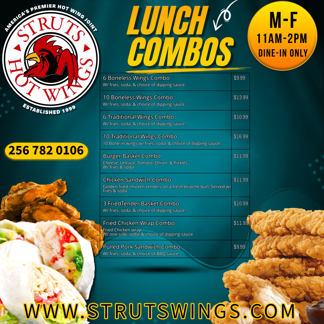 StrutsWingsJAX's tweet photo. Visit Struts of Jacksonville for daily lunch special combos from 11am-2pm, Monday to Friday. Our tasty dishes are sure to satisfy your midday cravings. See you soon! #Struts #StrutsofJacksonville #StrutsWings #Lunch #LunchCombos https://t.co/GQU8udU0r1