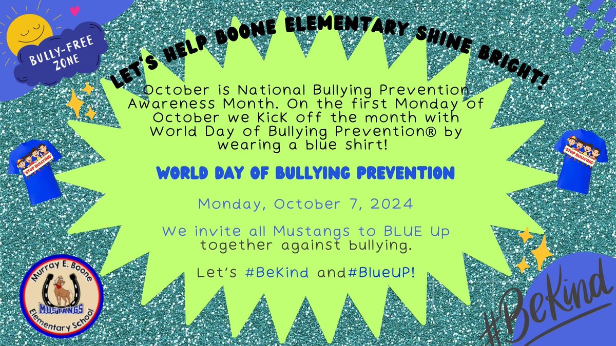 MrsJames (@mrsjames_f117) on Twitter photo October is Bullying Prevention Month and to kick off this month we are inviting all Mustangs to Blue Up together against bullying! <a href="/mrsganev/">Alyssa Ganev</a> <a href="/NISDCounseling/">NISD Counseling</a> <a href="/NISDBOONE/">Murray E. Boone</a> October is Bullying Prevention Month and to kick off this month we are inviting all Mustangs to Blue Up together against bullying! <a href="/mrsganev/">Alyssa Ganev</a> <a href="/NISDCounseling/">NISD Counseling</a> <a href="/NISDBOONE/">Murray E. Boone</a>