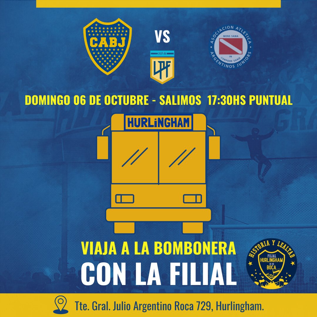 HurlinghamBoca's tweet photo. 🚍 Viaja a la Bombonera con la Filial! 🇸🇪
⚽️ BOCA vs Argentinos Juniors
🗓 Domingo 6 de Octubre
🕒 17:30hs SALIMOS PUNTUAL
📍 Tte. Gral J.A Roca 729, Hurlingham
⚠️ IMPORTANTE : NO vendemos entradas ni alquilamos carnets
📝 Envíanos un msj privado para anotarte. https://t.co/K1e2on34RL