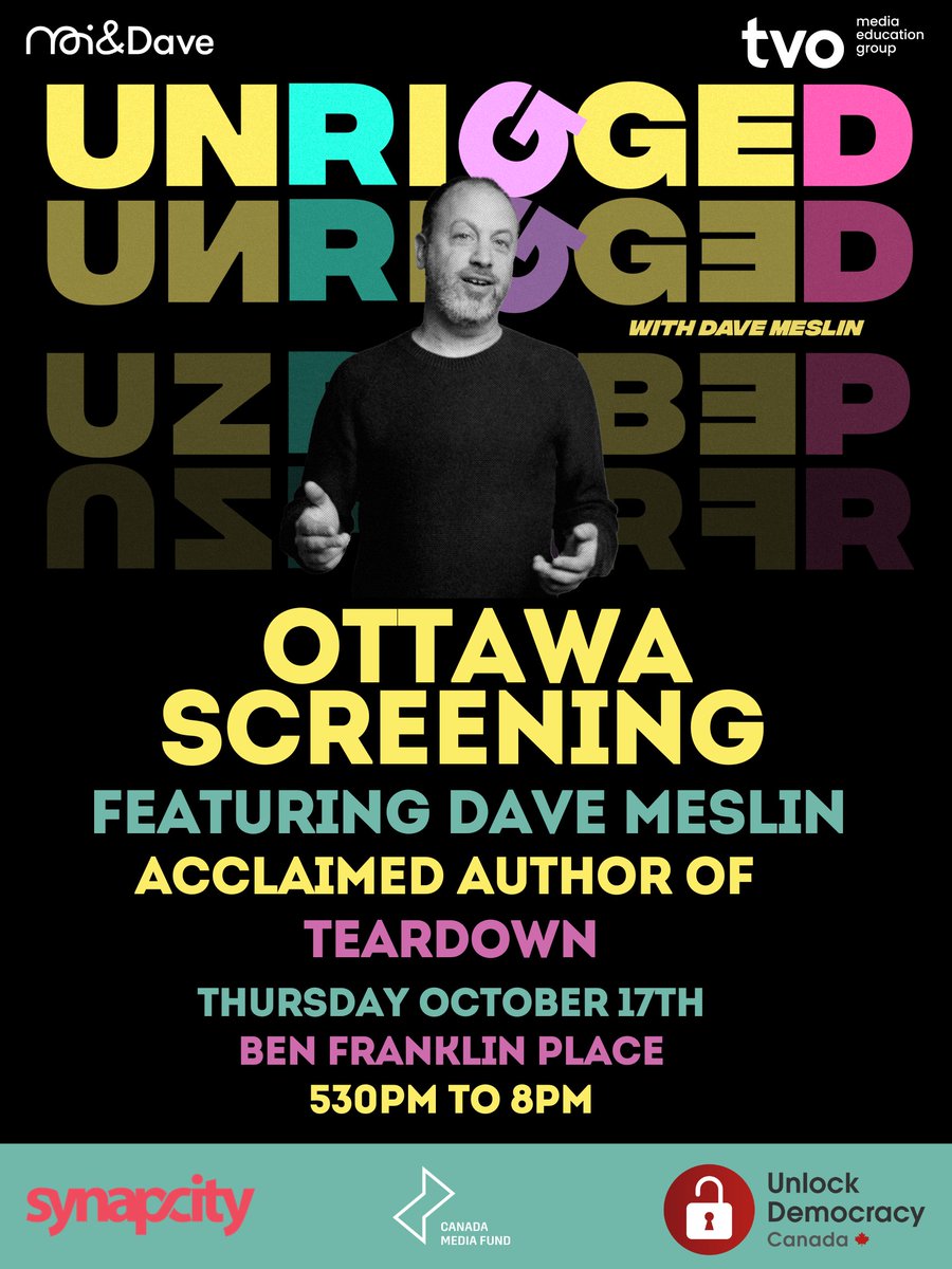 We are only two weeks away from the Unrigged Ottawa Screening. Come catch this powerful series on the big screen and hear from author Dave Meslin at the event.

Get your tickets here: bit.ly/UnriggedOttawa

#screening #unrigged #ottawa #unlock

<a href="/meslin/">dave meslin, KC</a> @UnlockCanada <a href="/tvo/">TVO.me</a>