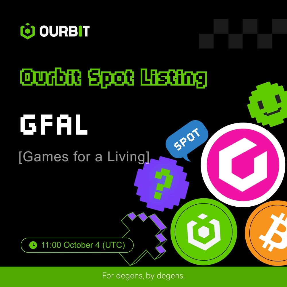 ourbit's tweet photo. 🟢 𝙉𝙚𝙬 𝙎𝙥𝙤𝙩 𝙇𝙞𝙨𝙩𝙞𝙣𝙜

$GFAL (Games for a Living) is coming soon to @ourbit Spot in about 19 hours 💨

⏳ Countdown: https://t.co/tOoyNOk5k6

✷ Pair: $GFAL/USDT
✷ Deposits: open
✷ Trading opens at 11:00 on October 4, 2024 (UTC)

→ Details: https://t.co/kReawpG3D5

"We build fun, innovative, and endless games using the latest technology." @GFAL_Official

#OurbitListing