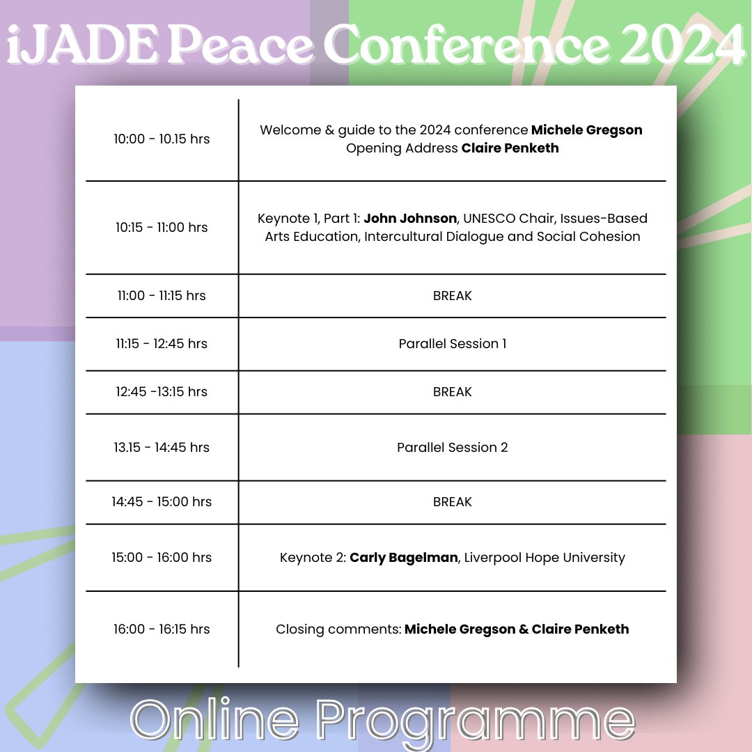 The programme for the #iJADE Peace Conference 2024 is now live!  Join us in person on 7th November or online on 9th November for an inspiring day of art, education and discussions on peacebuilding.  
For more information ⬇️ nsead.org/courses-advice…
Endorsed by <a href="/InSEAOfficial/">InSEA</a>