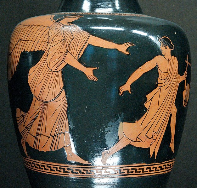 An ancient Greek vase now in the Louvre showing Eos and Tithonus. "Run away Tithonus" should be the caption. My work of that title is available on the France Musique link here. With thanks to l'Orchestre national du Capitole de Toulouse and composer/conductor Bruno Mantovani