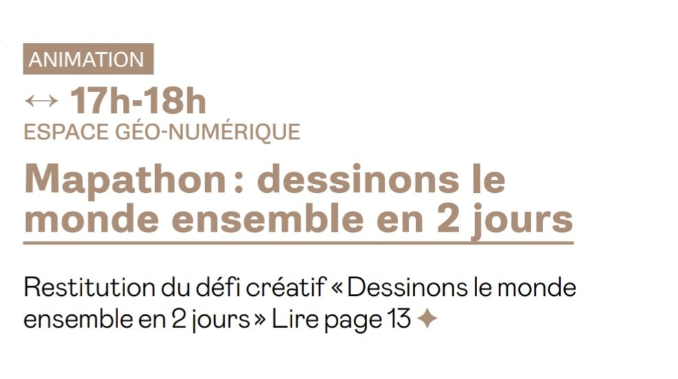 Last but not least... venez dessiner le monde avec une équipe de ouf : <a href="/AbCarto/">Aurélie Boissière</a> <a href="/RGuedonGH/">RG BBR.</a> <a href="/XemartinLaborde/">Xemartin Laborde</a> et Bibi !
Vendredi et samedi 11-18h + mapathon-compte à rebours samedi à 17 h !
Passez nous voir pour créer votre  carré de 10 x 10 cm qui complétera la mappemonde géante !