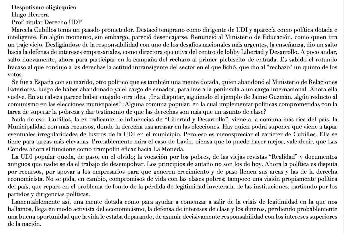 HugoEHerrera's tweet photo. Al parecer, @latercera restringe la lectura de la columna sobre @mcubillossigall. La adjunto: https://t.co/SOJzinFQx5