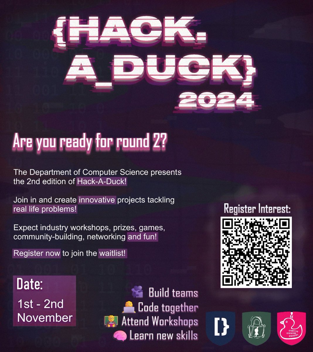 One month to go until the second edition of Hack-A-Duck 2024! Be sure to check your student emails to sign up, as places are limited. We have several companies in attendance with some great prizes to award.