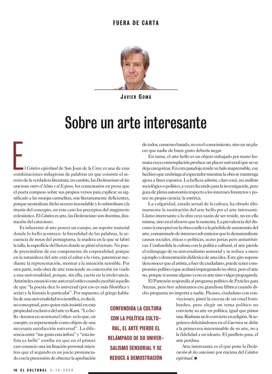 JavierGomaL's tweet photo. “SOBRE UN ARTE INTERESANTE” (EL CULTURAL)

Crítica filosófica de una tendencia dominante en el arte contemporáneo. 

Los museos, galerías y críticos que han hecho normativa la tendencia que critico son, a mi juicio, la manifestación de la vulgaridad en la alta cultura. https://t.co/SoPqmglwCX