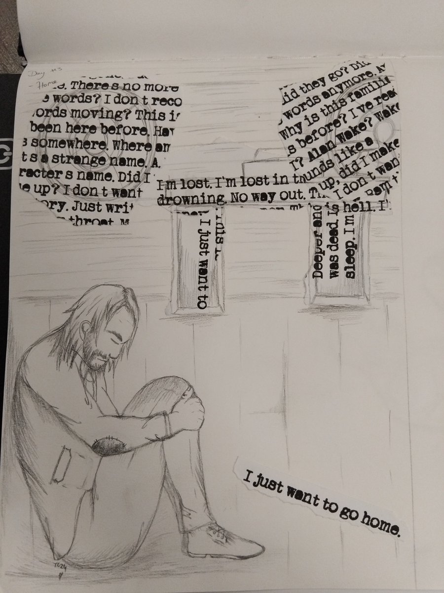 MFurple's tweet photo. I had time so I guess here's Day 3 of #Waketober24 

Home.

Featuring words from the 'Drowning' writer's tape. 

Absolutely going to come back and ink this at some point. https://t.co/pEd3KPU3qp