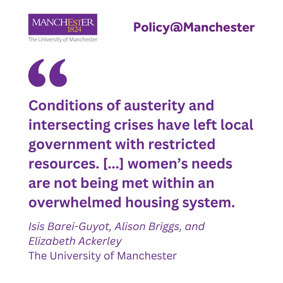 🏚️ Women facing homelessness in Manchester are facing unstable and unsuitable housing solutions.

💡 Isis Barei-Guyot, Alison Briggs, and Elizabeth Ackerley spotlight their findings on women's safety while experiencing homelessness.

🔗 Read the article: blog.policy.manchester.ac.uk/posts/2024/09/…
