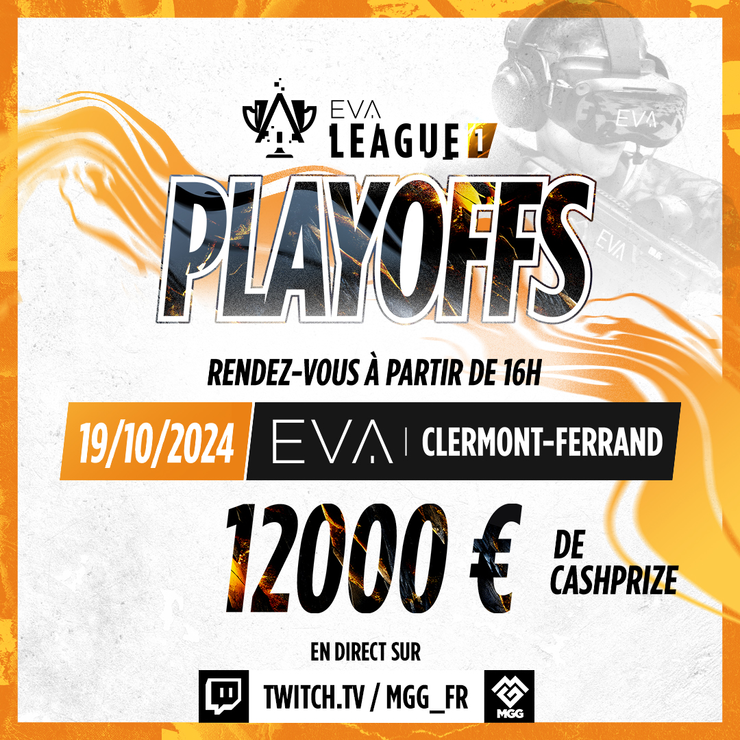 eva_competitive's tweet photo. INFORMATIONS PLAYOFFS EVA League 1 2024 🏆

⚔️ Les matchs seront joués sur place, à EVA Clermont-Ferrand
📍 72 rue de sauzes, 63170 Aubière
⏳ Début des matchs à 16h
🎁 Des surprises sont prévues pour vous régaler

VENEZ NOMBREUX 🫶 https://t.co/D0wWlwwXio