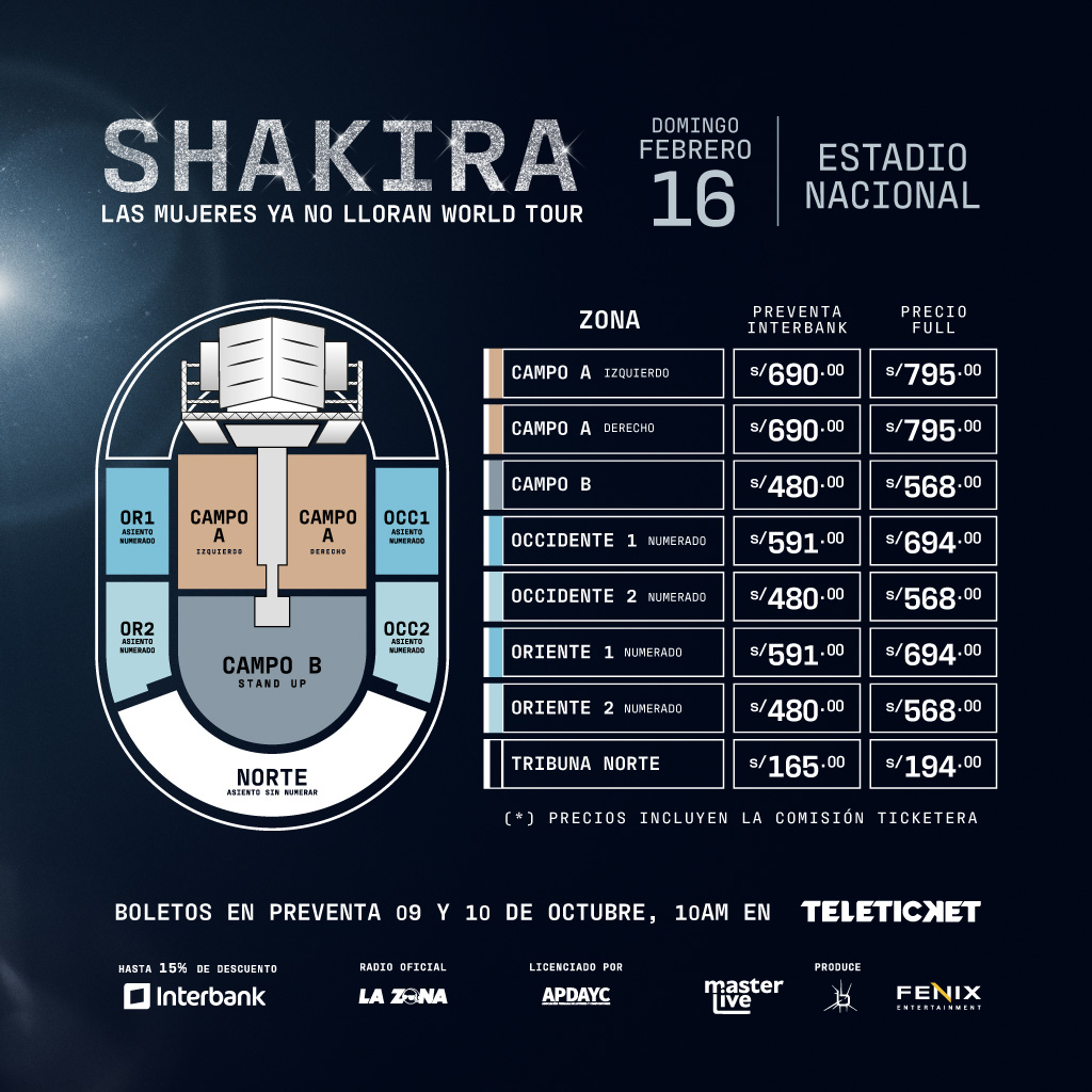 PRECIOS PARA SHAKIRA #LASMUJERESYANOLLORAN 👸🏼❌💧

Conoce los precios, prepárate para cantar, gritar y bailar como nunca antes con el tour más esperado por todo el Perú ✨🎤

🔔 Preventa Interbank: 09/10 - 10 A.M.
🎫 Entradas en👉🏼 teleticket.com.pe