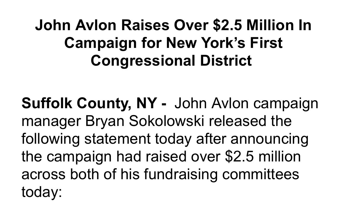 jamesd0wns's tweet photo. @maxpcohen From earlier this week in #NY01: John Avlon (D) raises 2.5 million in his campaign against Rep. Nick LaLota (R) https://t.co/8soJPq7cP1