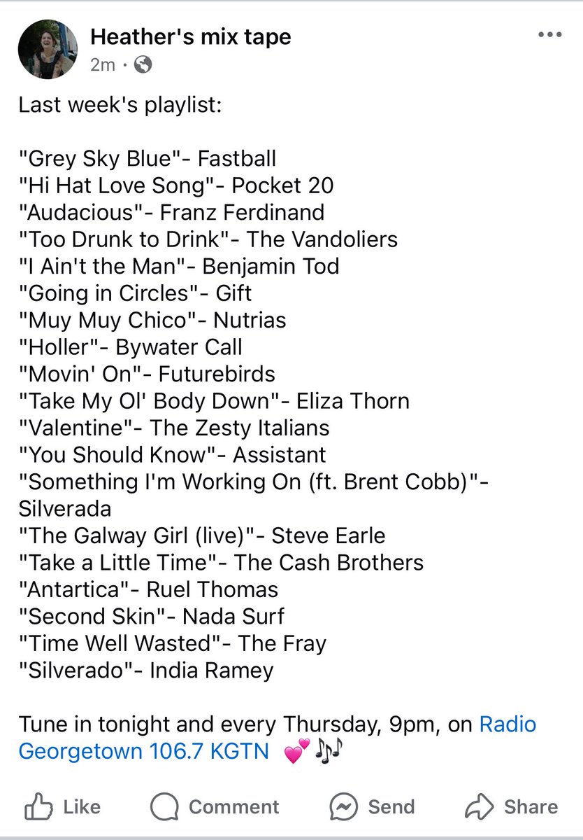 heather’s mix tape (@heathersmixtape) on Twitter photo Last weeks show featured: <a href="/Franz_Ferdinand/">Franz Ferdinand</a>, <a href="/vandoliers/">Vandoliers</a>, <a href="/bywatercall/">bywatercall</a>, <a href="/Futurebirds/">Futurebirds</a>, @elizathornmusic, <a href="/silveradamusic/">Silverada</a>, <a href="/SteveEarle/">Steve Earle</a>, <a href="/RuelThomas1/">Ruel Thomas</a>, <a href="/nadasurf/">matthew caws</a>, <a href="/TheFray/">The Fray</a>, @indiaramey &more. Tune in Thursdays, 9pm, on <a href="/KGTNGeorgetown/">KGTN Radio</a> 💕🎶 Last weeks show featured: <a href="/Franz_Ferdinand/">Franz Ferdinand</a>, <a href="/vandoliers/">Vandoliers</a>, <a href="/bywatercall/">bywatercall</a>, <a href="/Futurebirds/">Futurebirds</a>, @elizathornmusic, <a href="/silveradamusic/">Silverada</a>, <a href="/SteveEarle/">Steve Earle</a>, <a href="/RuelThomas1/">Ruel Thomas</a>, <a href="/nadasurf/">matthew caws</a>, <a href="/TheFray/">The Fray</a>, @indiaramey &more. Tune in Thursdays, 9pm, on <a href="/KGTNGeorgetown/">KGTN Radio</a> 💕🎶