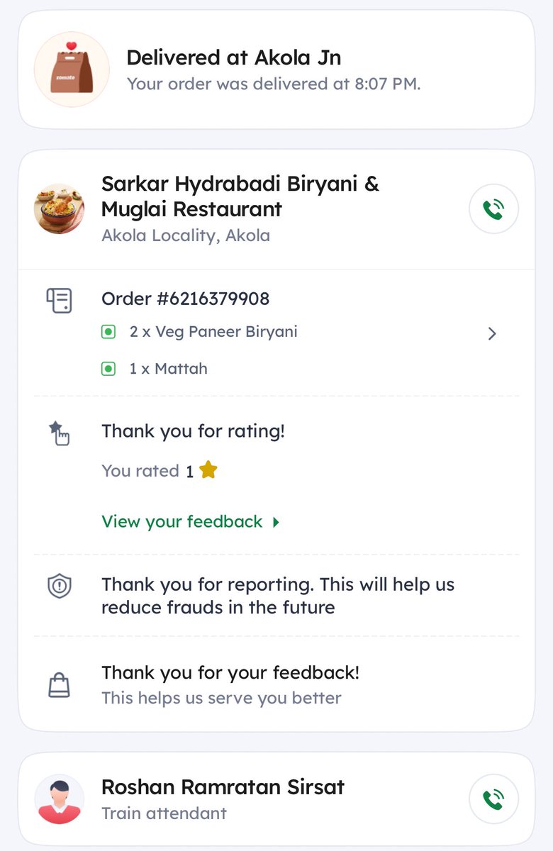 Raj421301's tweet photo. @zomatocare @Zomato_delivery @deepigoyal i have ordered food in train with your listed restaurant and got vomating in 30 minutes post eating that item. Kindly delist the restaurant, refer attached order details and refund my money.. please take this on serious note. https://t.co/jk4d9jRR0y
