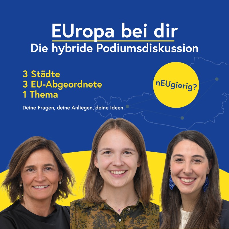 „EUropa bei dir“ gibt dir die Möglichkeit in Innsbruck, Klagenfurt oder Wien bei unserer hybriden Podiumsdiskussion dabei zu sein. 

Mit den drei Europaabgeordneten <a href="/Sophia_Kircher/">Sophia M. Kircher</a> (ÖVP), Elisabeth Dieringer (FPÖ) und <a href="/AnnaSturgkh/">Anna Stürgkh 🇺🇦</a> (NEOS).

Anmeldung: epwien@europarl.europa.eu