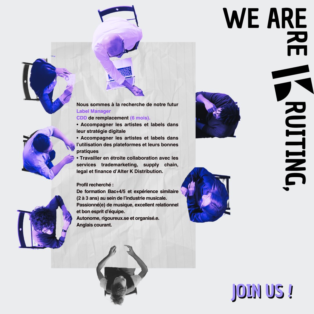 📢 Nous sommes à la recherche de notre futur.e Label Manager (CDD 6 mois) !

Rejoignez l'équipe d'Alter K Distribution pour relever de nouveaux défis 🎶

Plus d'infos ici 👉 : bit.ly/3XJtvck

#Recrutement #MusicIndustry #LabelManager #Musique #AlterK #Distribution