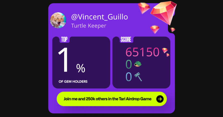 I'm in the top 0% of players in the Tari Airdrop game! <a href="/tari/">Tari</a> is a new versatile layer 1 blockchain protocol built in Rust. Play the airdrop game now! airdrop.tari.com/?referral=NmMH… #MyTariRank