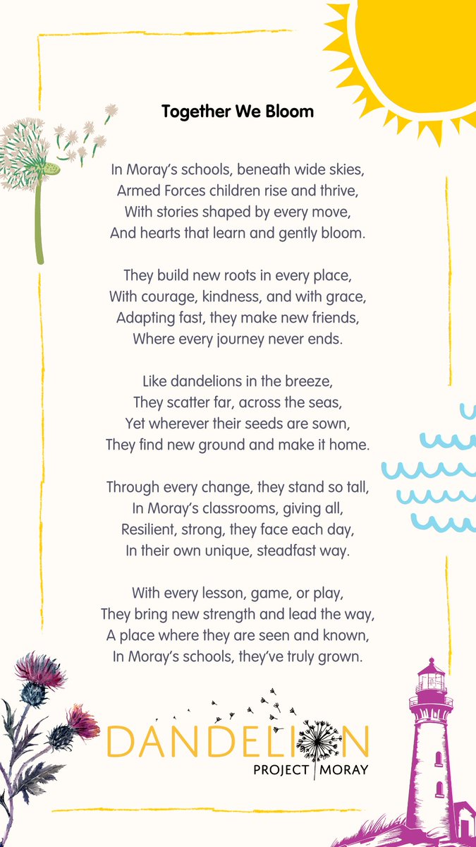 🌟 Happy National Poetry Day! 🌟

💛 Today, we celebrate the resilience and strength of children and young people in Moray's Armed Forces community, with a poem that captures their unique journeys.

#NationalPoetryDay #Moray #SupportingArmedForcesChildren #DandelionProjectMoray