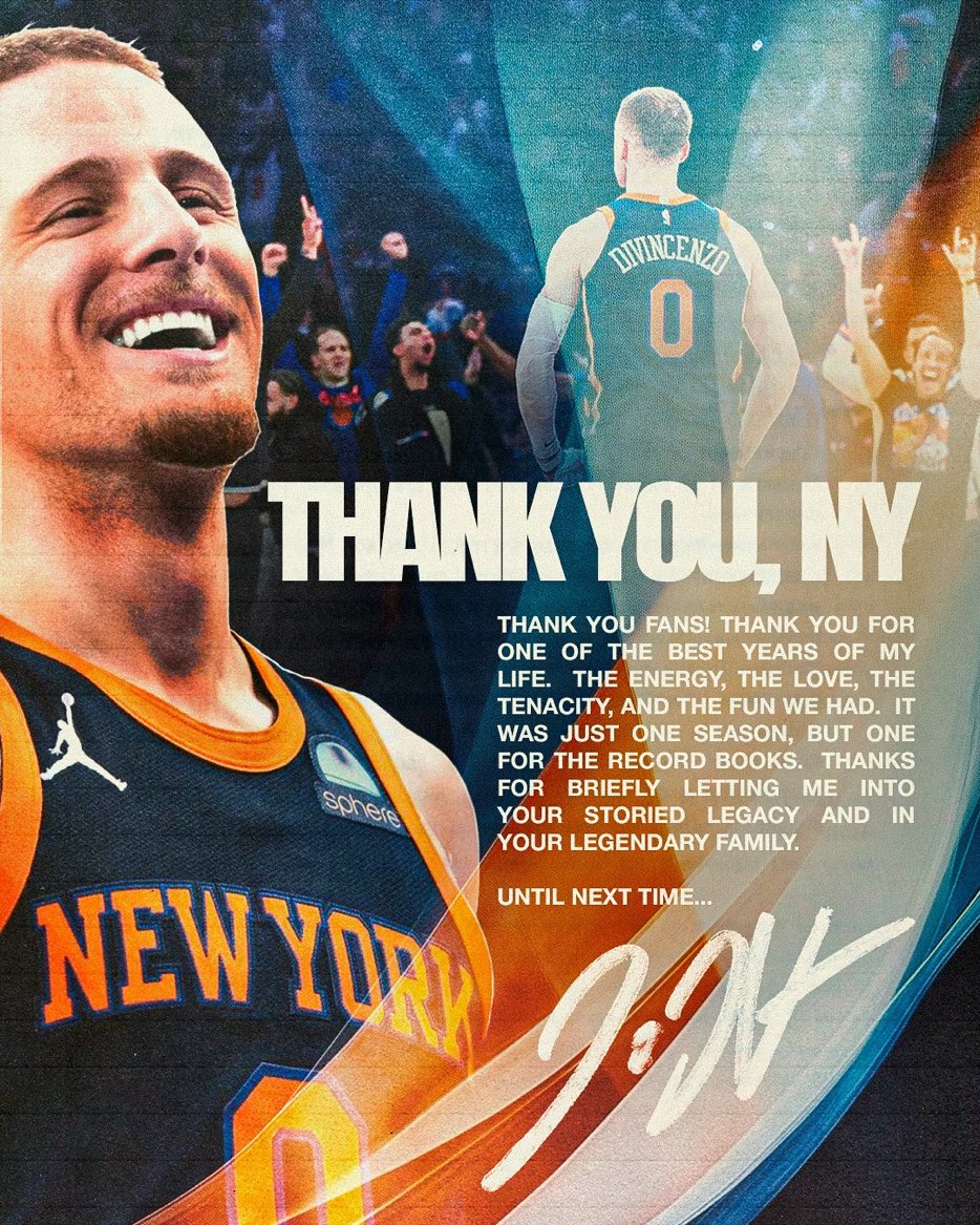 IanBegley's tweet photo. Donte DiVincenzo with a message of thanks to Knicks fans, via his agency: “Thank you for one of the best years of my life….It was just one season, but one for the record books.” DiVincenzo’s full statement here: https://t.co/tLtlyVJecS