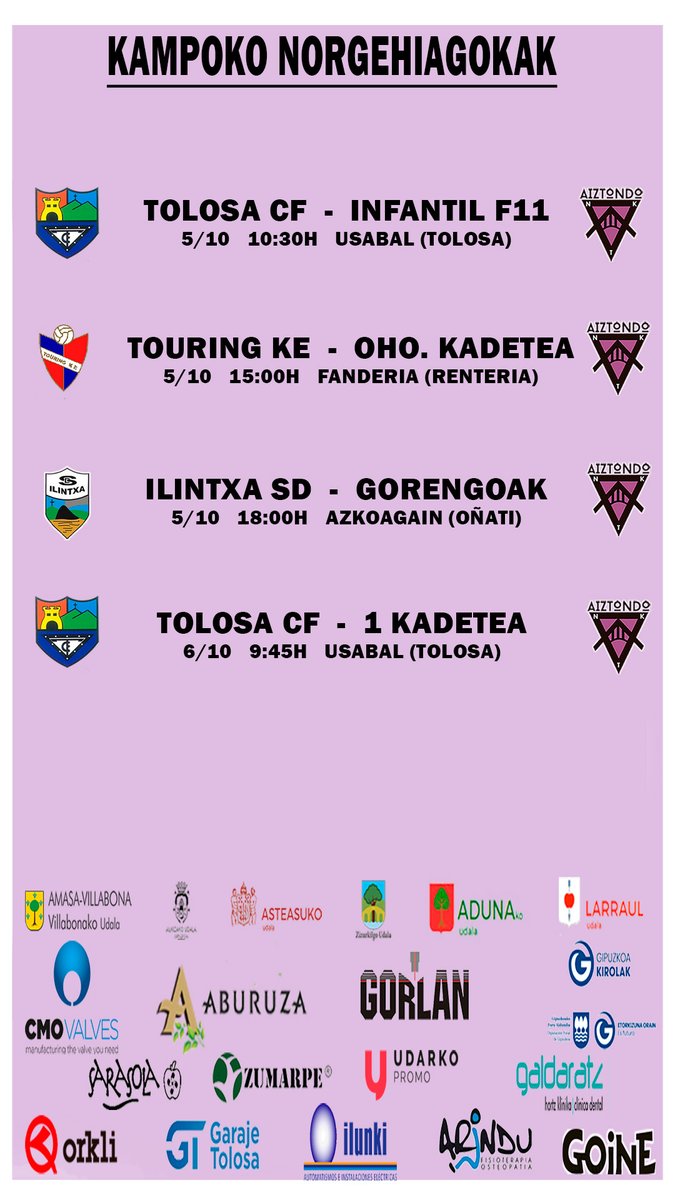 hurrengo jardunaldia daukagu hemen Iada. <a href="/IlintxaNeskak/">Ilintxa S.A.D.</a> <a href="/Touring_KE/">Touring K.E</a> <a href="/tolosacf_/">Tolosa C.F. Futbola</a>