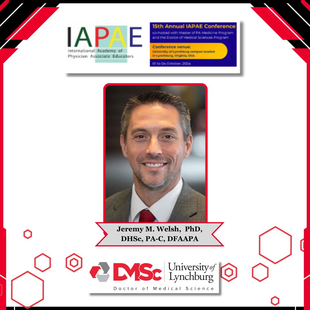 DMSc_Lynchburg's tweet photo. The Univ of Lynchburg’s School of Medicine &amp; Health Sciences highlights our faculty who will be presenting today in the West Room of Drysdale Student Center during the 15th Annual IAPAE Conference. Jeremy Welsh @ 1:00 pm; Debra Munsell @ 2:30 pm; Jenna Rolfs @ 4:20 pm. https://t.co/lnFxf7aLEk