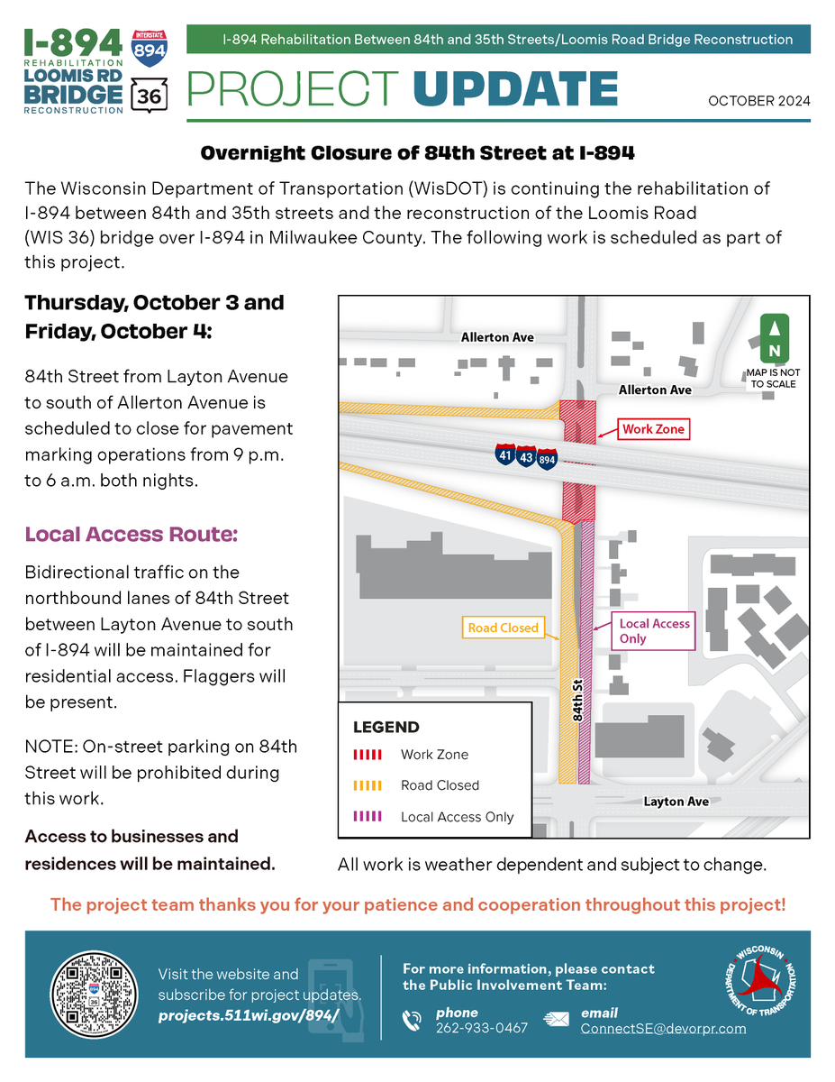 WisDOTsoutheast's tweet photo. OVERNIGHT CLOSURES: 84th Street will be closing tonight (10/3) and tomorrow night (10/4) under I-894 in Greenfield for pavement marking operations. Local access will be maintained during this work. This is part of the ongoing I-894 project. More info: https://t.co/5HfmVovL4l https://t.co/axgBTVkHVZ